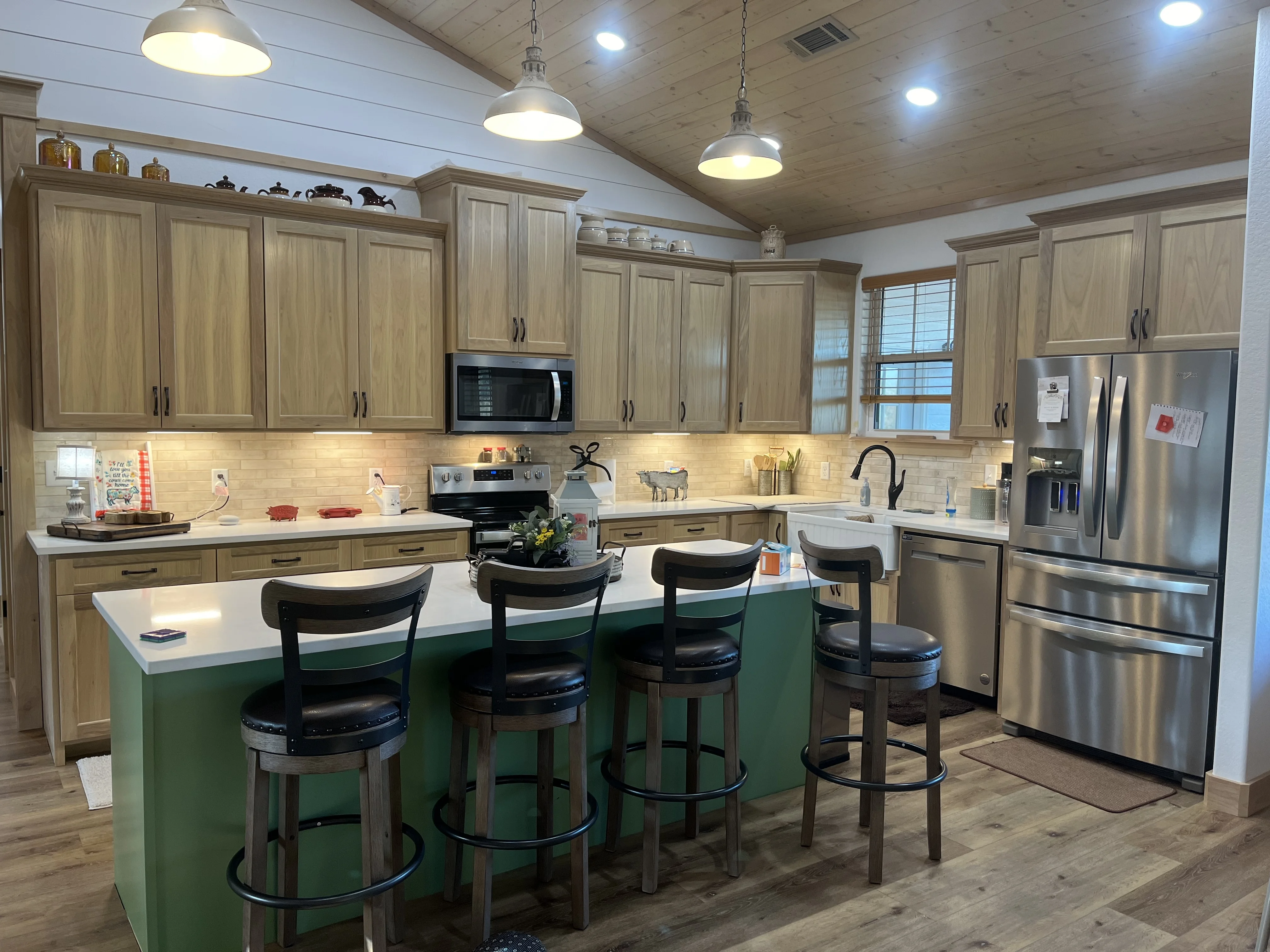 Light white oak kitchen with vaulted shiplap ceiling Muldrow OK